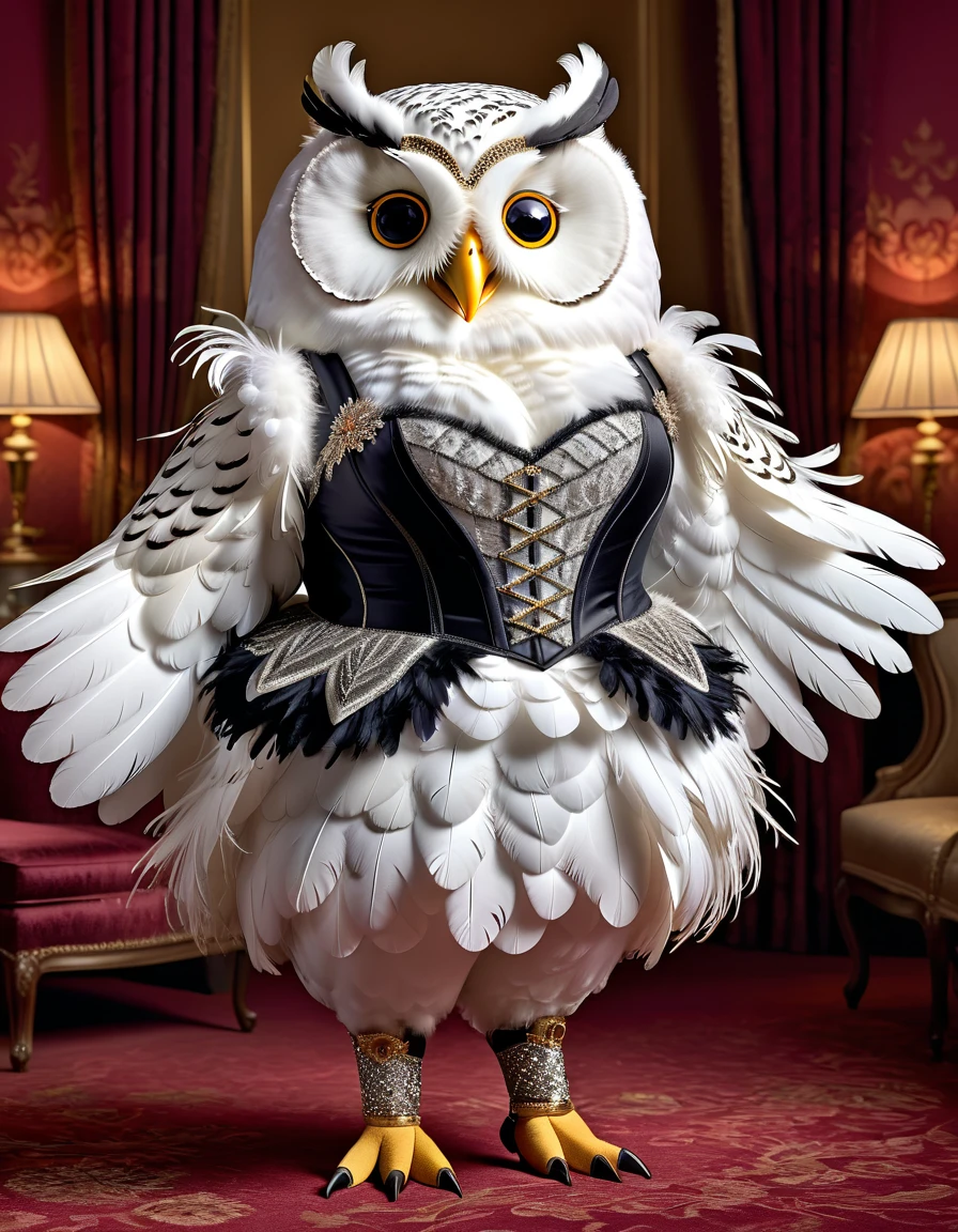 photorealistic portrait of Dressed animals-a ((fat)) ((white owl)) dancer,(the whole body is covered with feather:1.5), (elegant pose:1.5), (hands on hips:1.5),(smile:1.5),high quality,(happy),(lovely) ,intricate details, Wearing bustier, (), highly detailed ((bustier)) ,highly detailed decorations of clothes, Fishnet panty horse , (happy), soft lighting,(full body image:2.0),luxury hotel room background,(high heels),