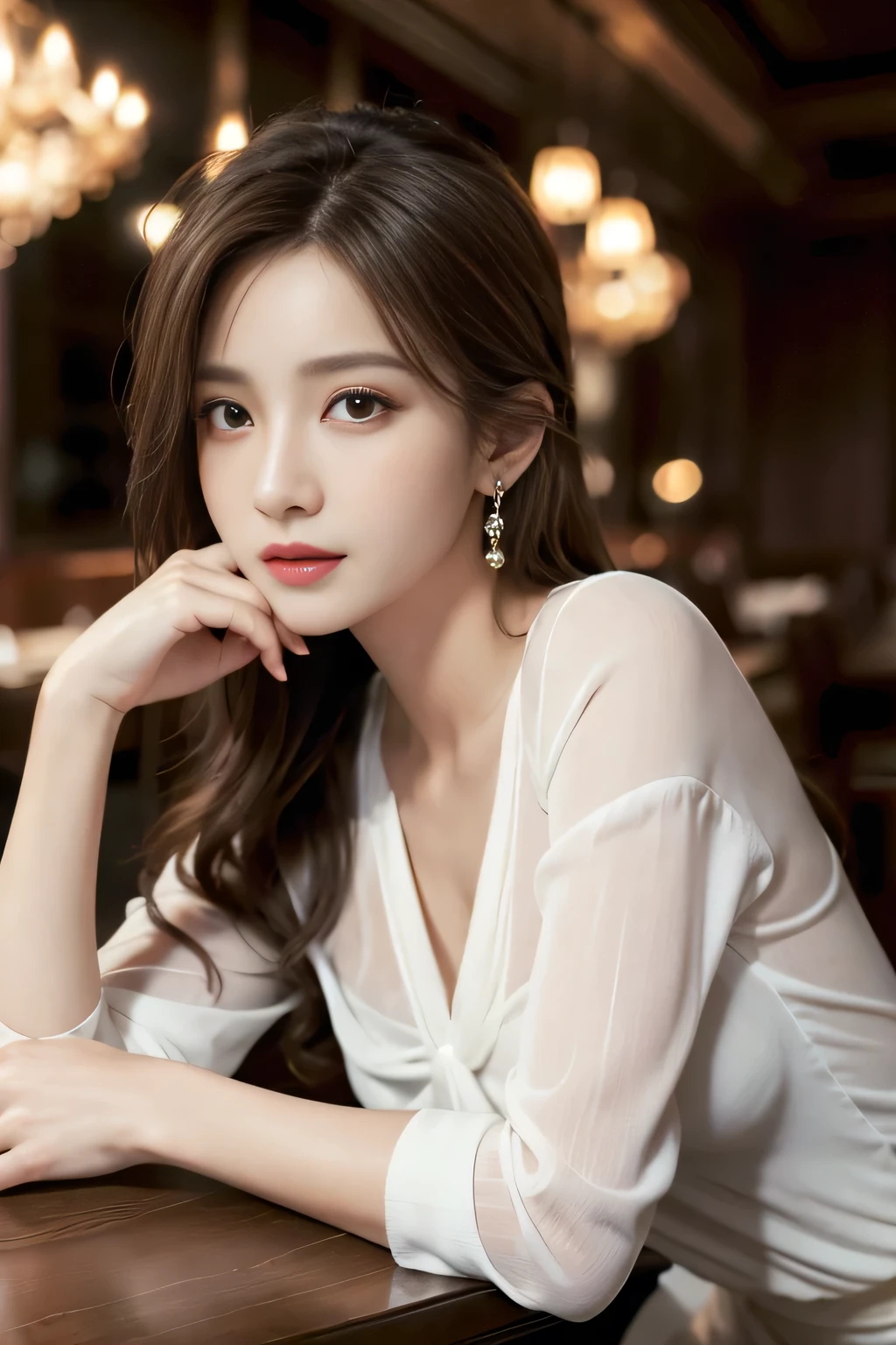 masterpiece, Highest quality, Realistic, Very detailed, Finer details, High resolution, 8k wallpaper, One beautiful woman, Wear an elegant see-through shirt, In a great restaurant, At night, Light brown messy hair, Perfect dynamic composition, Beautiful and beautiful eyes、Big earrings、Sit on a chair、