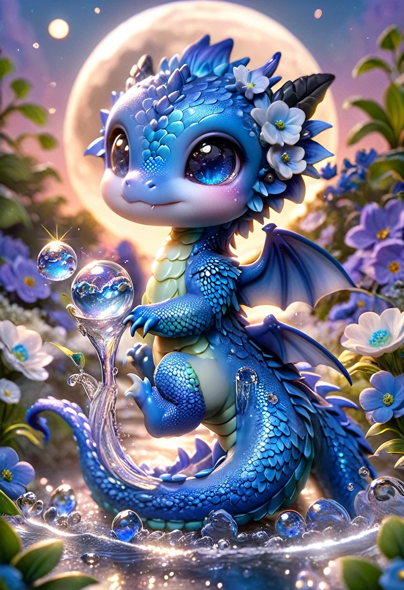 absurdres, highres, ultra detailed, HDR, master piece, best quality, small purple dragon, cute, two dragons together, couple, small blue dragon, fantasy, blue flowers, blue petals, sparkling, glittering, magical, glass, water, moon