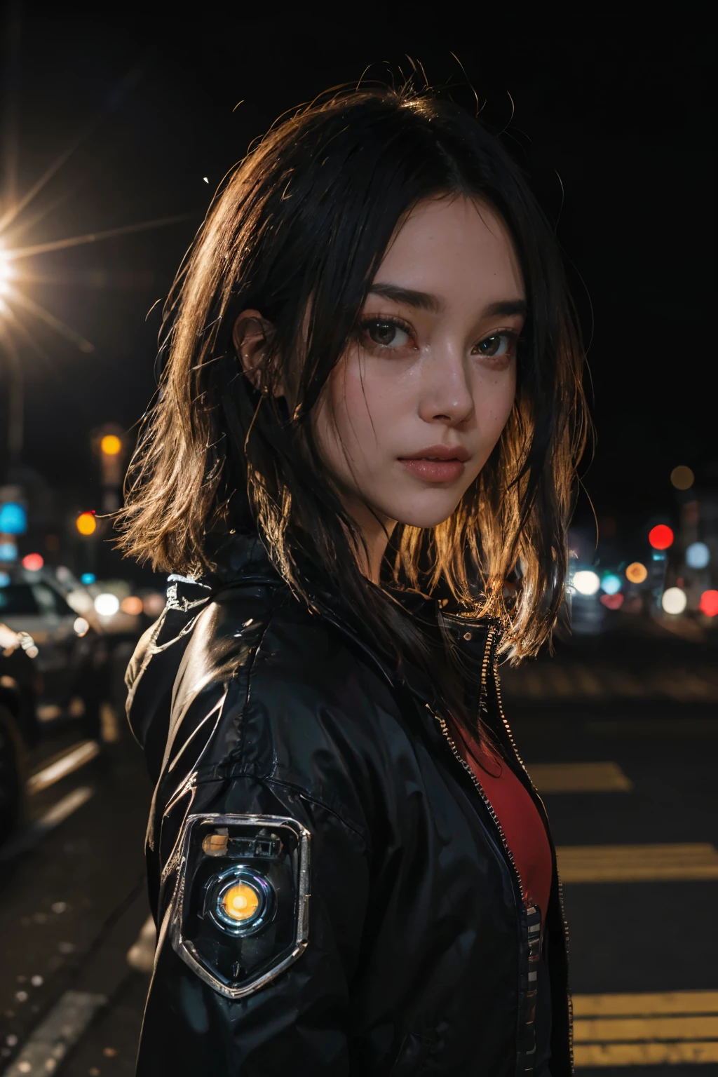 Unbeatable masterpiece, ultra real photo , Perfect artwork , face detailed, Complicated  details , Best quality at best , strong lights , hight contrast , dynamicposes , (blurry, depth of fields, blurryforeground:1.35) ,best quality , hight quality , (rim_light:1.1) , (colorful:1.2) , (1girl) , solo, (cyborg arm) [cyberpunk all black outfit, neon red led on jacket] cyberpunk black military jacket, Military advisors, emo japan long hair , android , Japan girl, yellow neon pupils, red hologram on suit , city cyberpunk , tholographic interface ,smart displayLaser , Aurora , absurdres , (hdr:1.22) , (cyberpunk:1.1) , science fiction ,, wallpape, (starlights,the sunset , lens flare glow:1.25), Highlight bright yellow eyes, Japan girl, yellow eyes, battle pose, soldier, jacket with red led lights, serious expression, serious mood, skinny buddy, japan city, red and carbon palette, asian girl. Yellow eyes, color pupils yellow (front close photo)