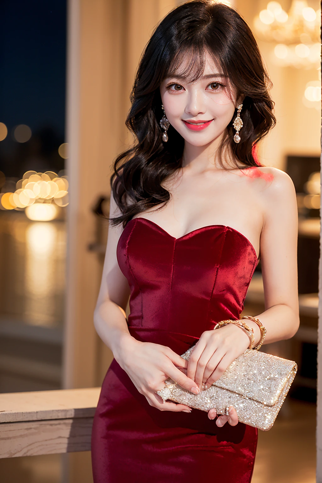 In detail, High resolution, high quality、Perfect dynamic composition, Beautiful fine details, Beauty、Natural color lip、The background is clear、a woman in a tight, velvet dress with an off-the-shoulder design, standing under a crystal chandelier, embarassing smile, cinematic composition, trending on ArtStation.