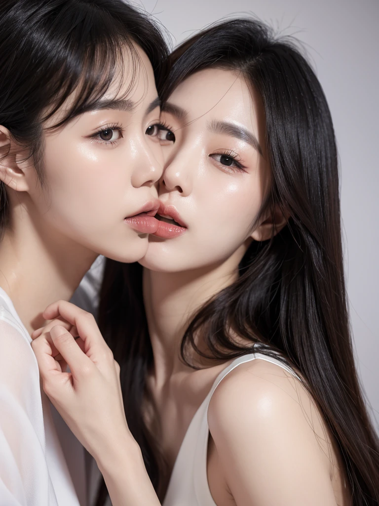 two korean lick each other's breasts in bed, they are kompletely naked and wear only fishnet stockings and red fox ears , wavy black hair blowing in the wind. She's a men's magazine model, with a subtle smile, flirting with the camera, (in the evening light: 1.2), in the photo studio, perfect eyes, perfect hands, perfect body, perfect hair, perfect breast, Hair behind the ear, uhd, retina, masterpiece, precise, anatomically correct, textured skin, super detailed, high details, good quality, award-winning, best quality, High Resolution, 16K, 8K. fullbody Warte auf Start