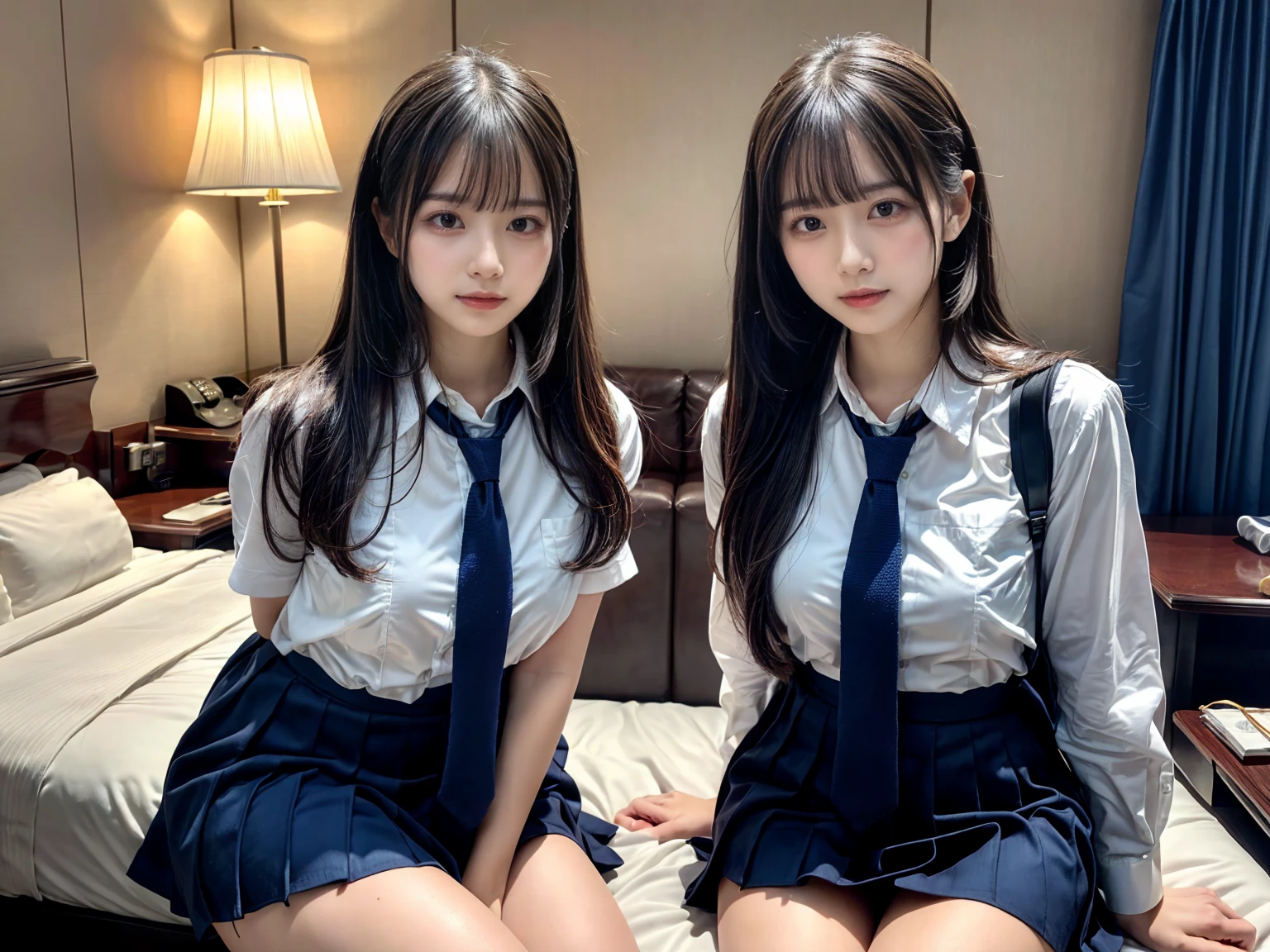 (8K, RAW Photos, Highest quality, masterpiece:1.3), (professional photography, full colors, studio-caliber color grading), (Gravure quality for high-end fashion magazines), close up, BREAK, (2 beatiful girls:1.2), (female high-school student, School Uniforms), (School Uniforms, white Cutter shirt, darkblue pleatedskirt), (short bob hair:1.1), (A dark-haired, The forehead is hidden by bangs:1.1), Black eyes, shinny skin, Beautiful delicate face, Beautiful delicate eyes, cute type, Harajuku style, (Voluptuous body shape, Thicker thighs:1.2), One piercing in each ear, ((large breasts)), ((avy blue tie) ,looking at camera, BREAK , (The background is a luxury hotel room:1.2), Play with each other,Touching each other's bodies,Touching the body of the girl next door,