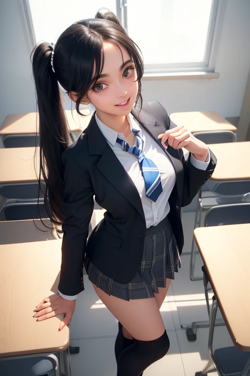 ((best qualityer), (hyperrealisti), mh-yk, 1 girl, standing alone, Bblack hair, eyes browns, long hair, wearing a private university uniform, blue blazer style with buttons, tie and tight skirt followed by knee-high socks,, big fit ass,, twintails, Full ar, hair rings, gazing at viewer, university anatomy club scene, standing all excited with a very mischievous smile in a university classroom full of students, gazing at viewer que acabou de chegar