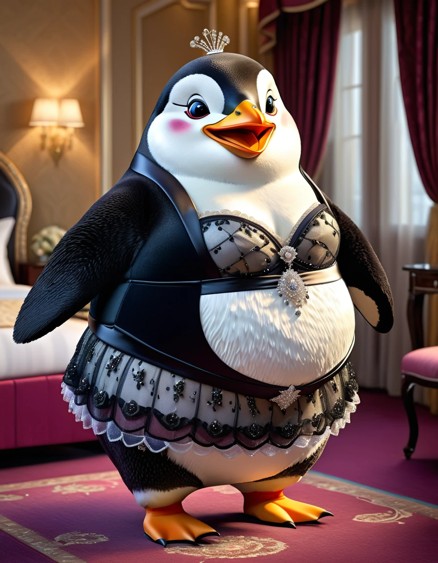 photorealistic portrait of Dressed animals-a ((fat)) cute ((penguin)) dancer,(), (elegant pose:1.5), (hands on hips:1.5),(smile:1.5),high quality,(happy),(lovely) ,intricate details, Wearing bustier, (), highly detailed ((bustier)) ,highly detailed decorations of clothes, Fishnet panty horse , (happy), soft lighting,(full body image:2.0),luxury hotel room background,(high heels),