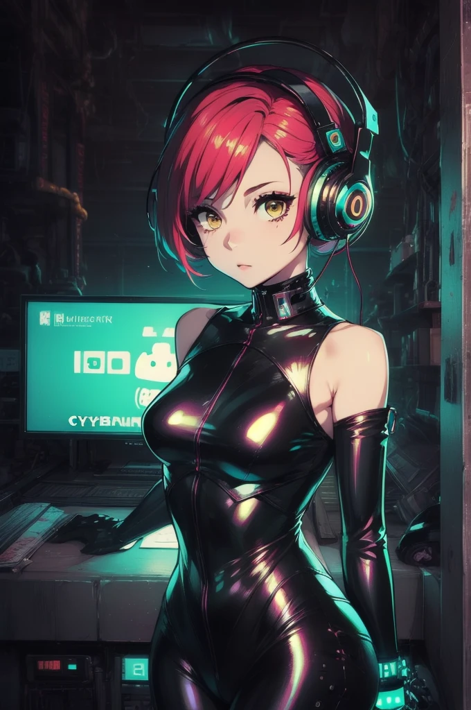 One Girl, Android, cyber punk, Redhead, Cyan and yellow eyes, short hair, White breastplate, Futuristic black headphones, Mechanical Black Glossy Metallic Bodysuit, Bare shoulders, Oversized jackets, Shiny, Shiny素材,Chibi Emoji, Chibi Character, cyber punkシティ, 