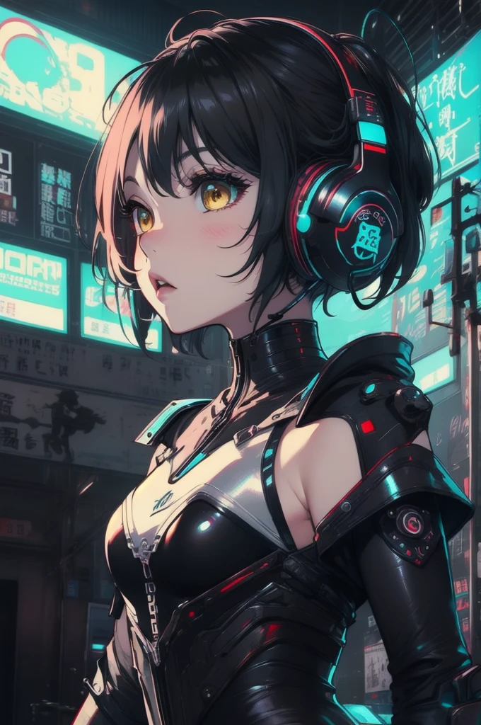 One Girl, Android, cyber punk, Redhead, Cyan and yellow eyes, short hair, White breastplate, Futuristic black headphones, Mechanical Black Glossy Metallic Bodysuit, Bare shoulders, Oversized jackets, Shiny, Shiny素材,Chibi Emoji, Chibi Character, cyber punkシティ, 