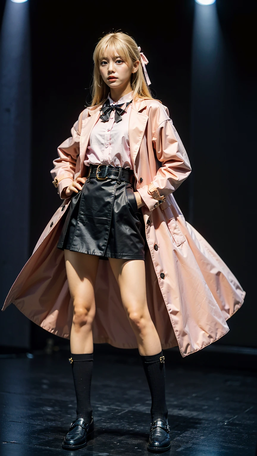 (8K、RAW Photos、Highest quality、masterpiece:1.2)、(Realistic、Realistic)、1 Girl、((Pink Coat、Black mini dress、whole body、Knee socks、loafers、stage、chest emphasis、whole body、View from the front、Ribbon on chest、Looking into the camera、Blonde、belt、Stand with hands on hips))、