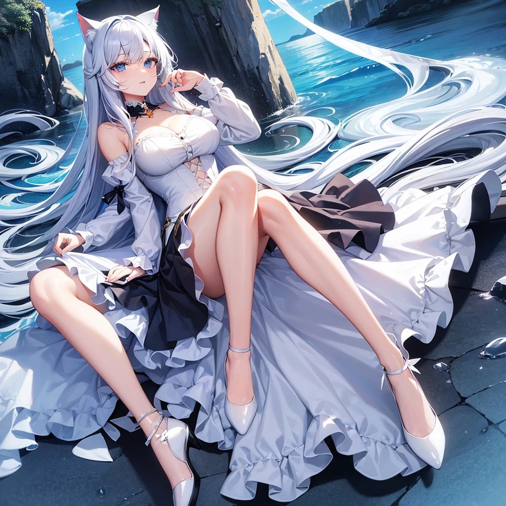 A cat girl with long white hair and ocean blue eyes with star shaped highlight wearing a white dress