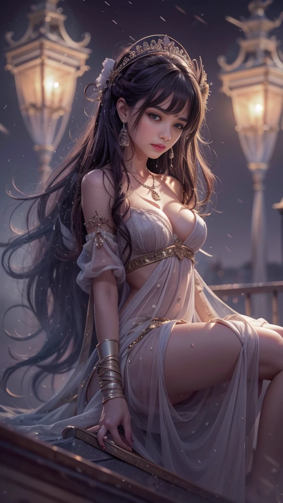 (32k:1.5, Highest quality, masterpiece, Ultra-high resolution), Professional camera work:1.6, Highly detailed skin and face textures:1.3, Captivating portrait:1.2, Very accurate, Very detailed, 1 adult female, ((Amazing night view from the rooftop:1.4, The moonlight at night illuminates my body)), (Satin Nightgown:0.7), Incredibly slim body, Sensual sitting position, sense of loss, Sadness, Expressions of sadness, (Big eyes that exude beautiful eroticism:0.4, A dreamy look:1.0, I love you with all my heart:0.8, Open your mouth a little, lipstick, Feel the beautiful eroticism:0.9), (Wet dark brown medium length hair), Candles, The chest is medium, Earrings, necklace, bracelet, (romantic, mysterious), Fair skin, elegant, Object of admiration, original, dramatic, Artistic, Innovative, Charm, Heartful, Fancy, sense of openness, sense of cleanliness, Special, exciting, Extreme, Tilt, ((Adult charm, Feminine charm, Hair blowing in the wind)