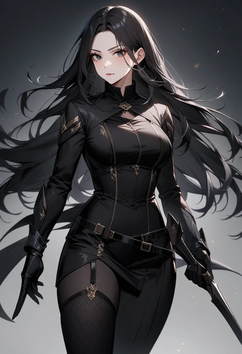 Older women，Black long hair，Black tights，assassin，Beautiful black eyes，Extremely detailed，high resolution，Simple background