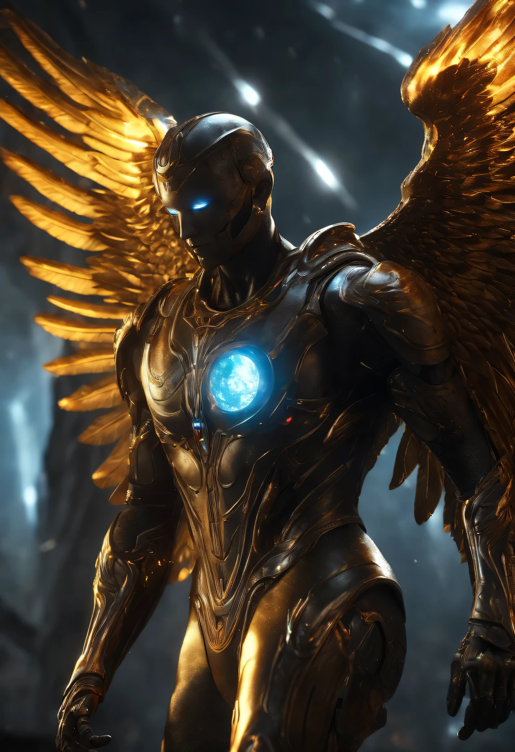 Cosmic Fallen Angel, glowing light eyes, Biomechanical, Very bright colors, Light particles, with light glowing, Mshiff, (best quality, masterpiece, Professional:1.3), (realistic, photorealistic, RAWphoto:1.4), (official art, highly detailed, extremely delicate and beautiful, HDR, UHD, K), rim light