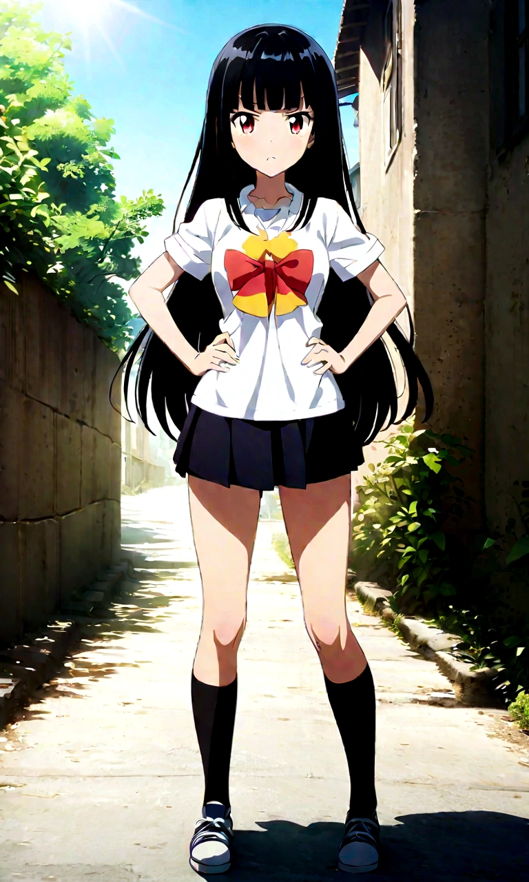 White background、high school girl、Knee-high socks、Thigh-high socks、Background white、Semi-long hair、whole body、Standing with your legs apart、Red Eyes、Displeased、to point at、Hands on hips、真summer、summer、Sunshine、Spiteful eyes、、Black Hair、blunt bangs、White shirt,1 girl, 2D CG, Advanced digital anime art, anime character