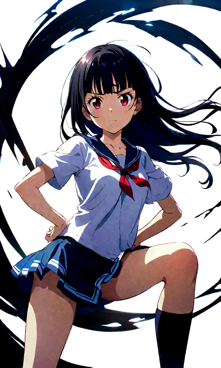 White background、high school girl、Knee-high socks、Thigh-high socks、Background white、Semi-long hair、whole body、Standing with your legs apart、Red Eyes、Displeased、to point at、Hands on hips、真summer、summer、Sunshine、Spiteful eyes、、Black Hair、blunt bangs、White shirt,1 girl, 2D CG, Advanced digital anime art, anime character