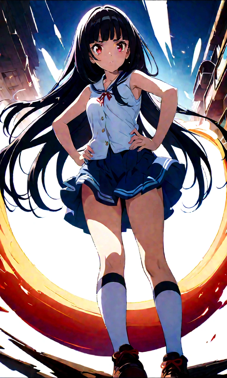 White background、high school girl、Knee-high socks、Thigh-high socks、Background white、Semi-long hair、whole body、Standing with your legs apart、Red Eyes、Displeased、to point at、Hands on hips、真summer、summer、Sunshine、Spiteful eyes、、Black Hair、blunt bangs、White shirt,1 girl, 2D CG, Advanced digital anime art, anime character