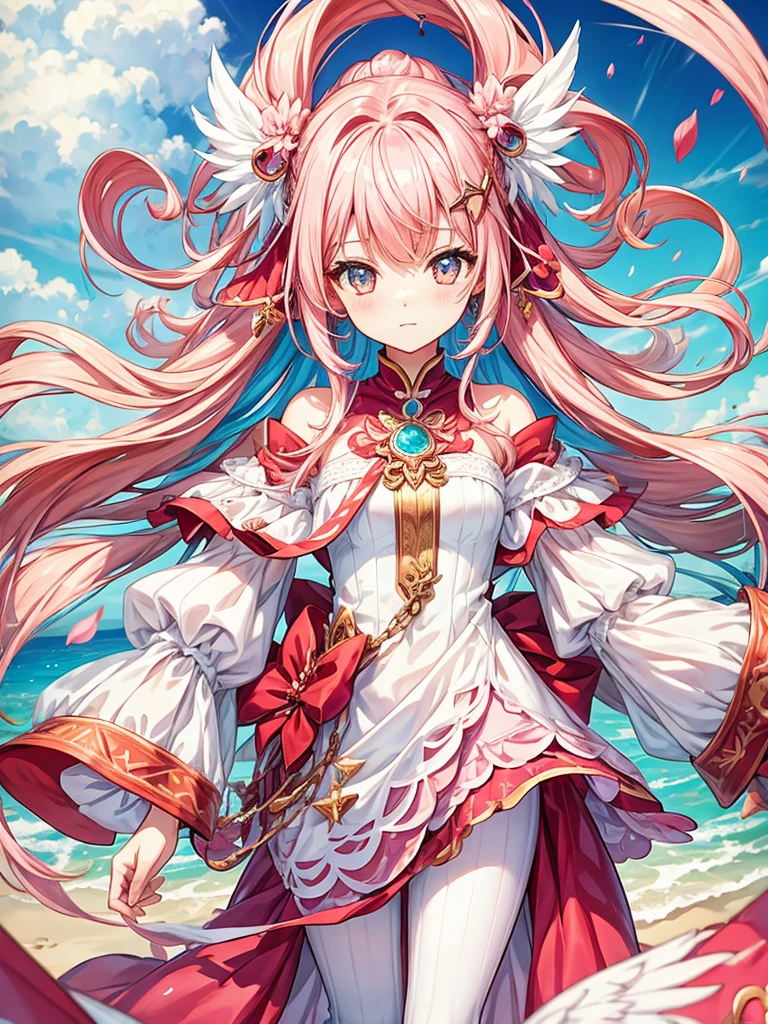 fantasy world girl with colorful hair, accessories, detailed clothes, pink hair, white and red clothes