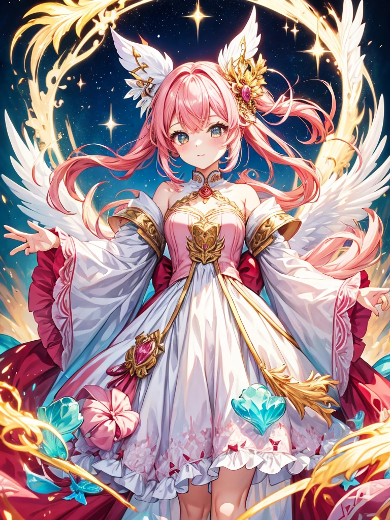 fantasy world girl with colorful hair, accessories, detailed clothes, pink hair, white and red clothes 