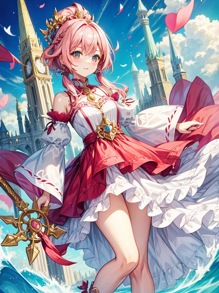 fantasy world girl with colorful hair, accessories, detailed clothes, pink hair, white and red clothes 