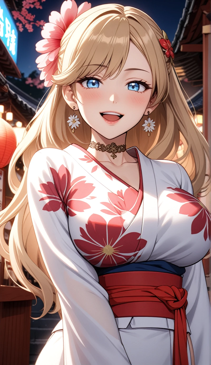 ((One personの女性)), Beautiful Face, (Laughing embarrassedly), ((smirk:1.1)), ((Wink:1.5)), (head tilt:1.3), Laugh with your mouth wide open, upper teeth, looking at viewer, ((Bright red cheeks:1.2)),Glossy Red Lips,night, Shrine festival stalls, Glossy red lips, Shining Face, ((Anime style background)),masterpiece, Highest quality, so beautiful,up to date, Complex details, (Pink long nails), (nail art), (ring),(bracelet),(Floral choker),AI-generated, Complex,High resolution, Highest quality, super high quality,3D Images、3D Images,One person,Blonde long hair,(High Ponytail), (wavy hair), Anime woman posing for a photo, ((Fine grain、Lightly pigmented blue eyes、Shining Eyes:1.3)), (Squint your eyes:1.1),a hyperRealistic , hyperRealistic , Realistic,Long and blonde anime woman, Smooth anime CG art, Pink large floral patternが刺繍された豪華な着物を着た女性, (White long sleeve kimono),(Pink large floral pattern) ,Long flower hair ornament,Earrings,Mature Body,(Big Breasts:1.1),Tall,Abdominal muscles,Tight waist, (front view),