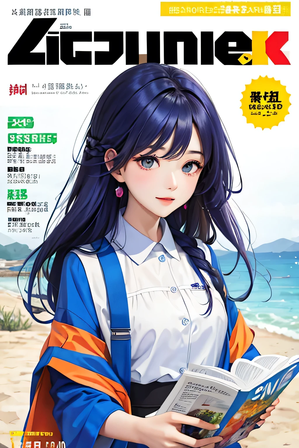 masterpiece, best quality, spring outfit, colorful hair, outdoor, magazine cover ,upper body,Write the name of "zhihu" magazine.