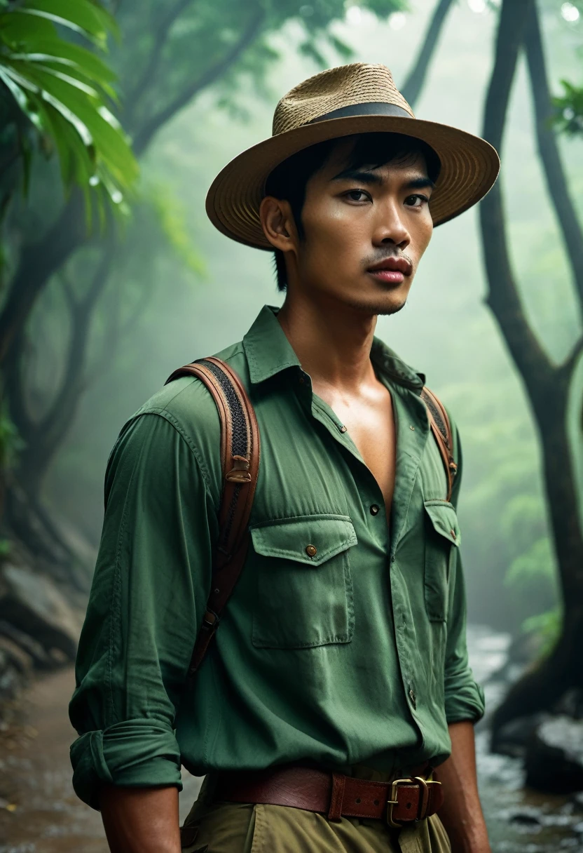 Create a movie poster for the film "Petch Pra Uma: The Curse of the Sleeping City". The main characters are:
- Rapin Phaiwan , a tall , muscular , and handsome Thai man with sharp facial features, dark skin , and short cropped hair . He is wearing a long-sleeved green shirt, durable long pants , hiking boots , and a safari hat with a tiger stripe leather band.
- Raphin , a beautiful woman with sharp features and long black hair , wearing appropriate hiking attire for adventure .
- Noina , a young man in his 20s or 30s , with a fit build and dark skin , dressed in hiking gear .
They are standing in front of an ancient , mysterious castle shrouded in mist and eerie lights . The atmosphere is dark and filled with a sense of enchantment and danger . 35mm film cinematic highly detailed dslr dramatic
