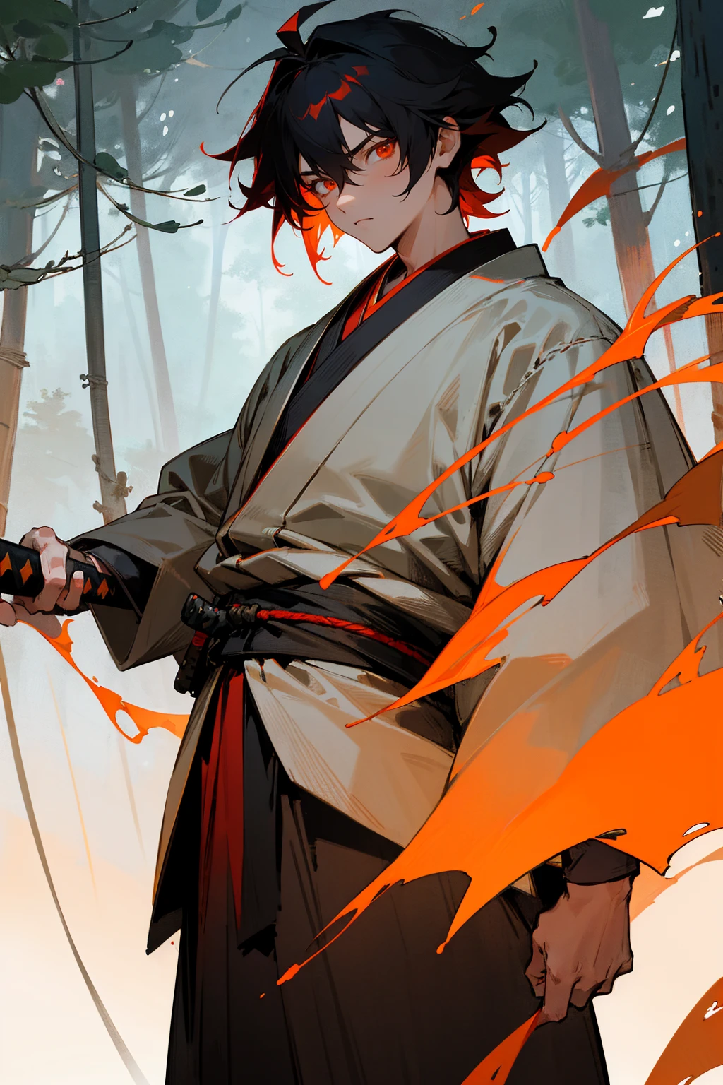 Forest Background, Masterpiece Quality, Perfect Generation, , Detailed Eyes, , Red And Black Short Messy Hair, White And Red Haori, Determined Expression,, , , Standing, Facing Viewer, Male, , Clothed, Kimono, Night, Teen, , Sheathed Katana on hip, Standing In Forest, Orange eyes, muscular