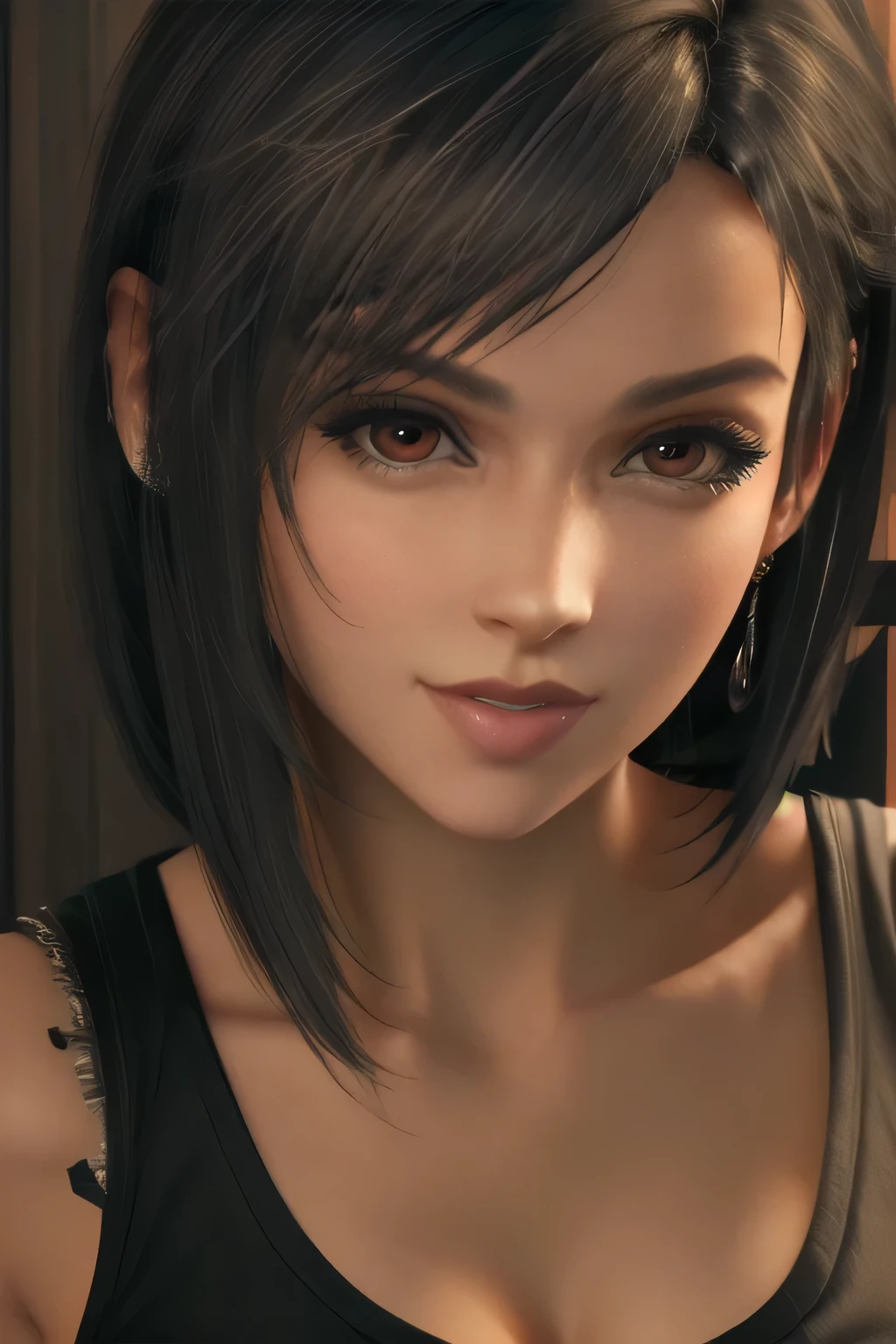 Amazing portrait of a sexy woman with a beautiful face emphasized by amazing makeup and beautifully detailed eyes with perfect lips wearing her short black hair in a bob with a white hairband blushing intensely as she's flustered and lustful wearing some elegant earrings and a black sleeveless sweater accentuating her medium chest paired with a cream skirt that accentuates her thick curvy body making her look hot with vibrant colors and soft lighting