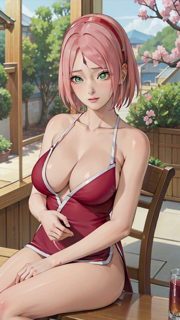 Masterpiece, stunning realistic, best quality,sakura haruno,sitting on a table in a school,hands on table,,closeup,only upperbody,front view ,pink hair,green eyes,forehead mark,big breasts,breasts fall out,green eyes,red hairband,forehead mark