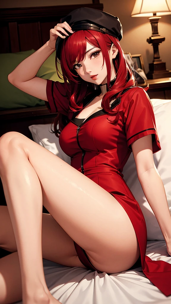 sensual asian woman, アニメ, Higher quality, woman opens her legs, redheadwear, Red hair, lying on her bed, semi new