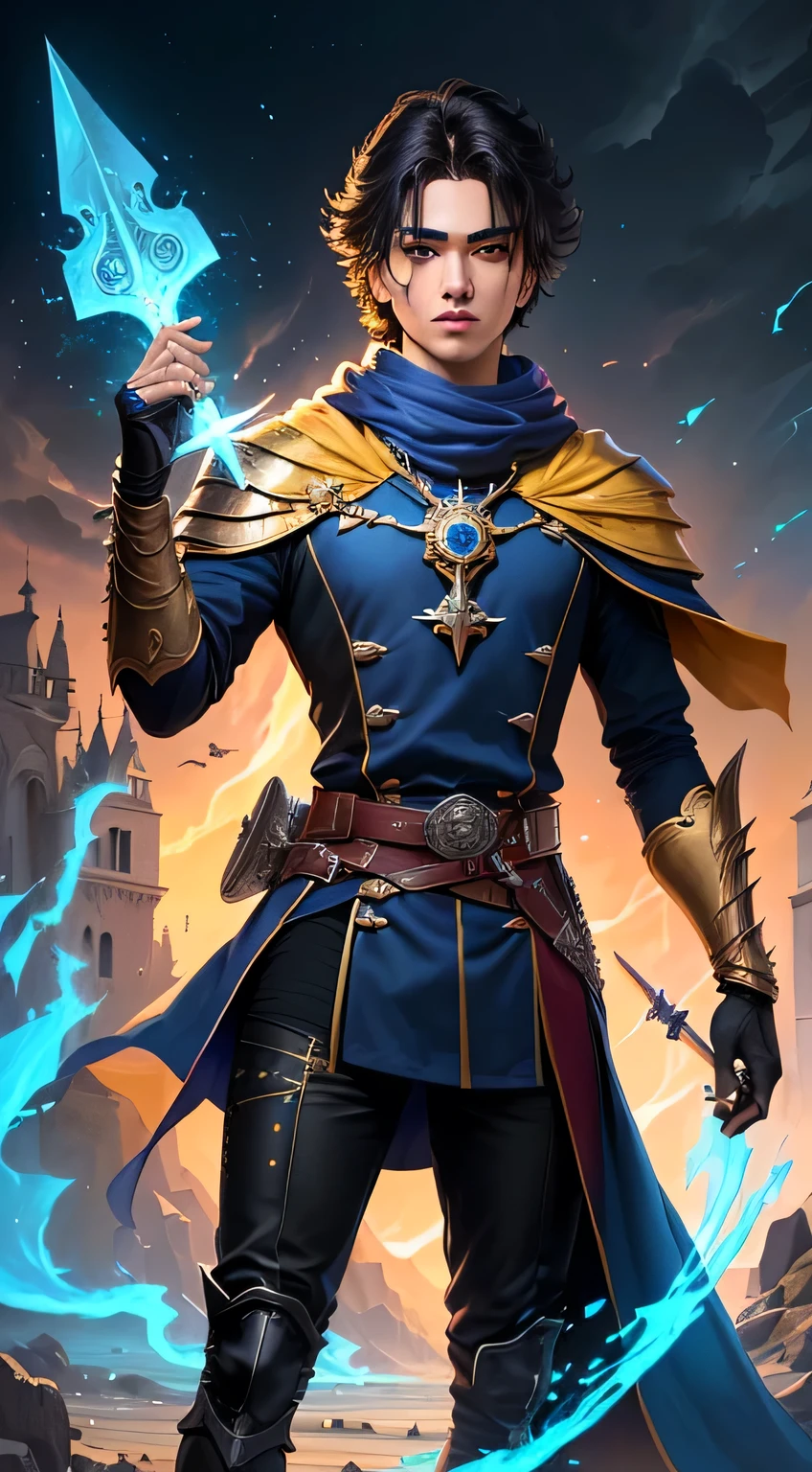 A handsome boy, foreground, of, and, man, tenure, and, sword, and, and, sword, by rubio, wears a yellow triangular scarf around his neck, and black military scaffold, furry fox ears (especially granof), Yang Jin&#39;s inspired band, Landa theme costume, astral witch costume, blue-gold pupils, man oflgado alchemist of fantasy, adoptable full body