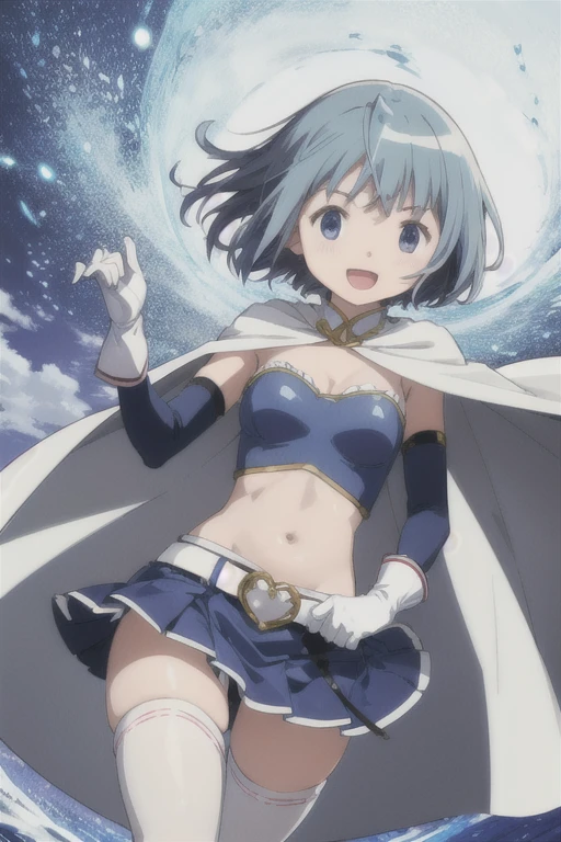 skirt, gloves, white gloves, :d, midriff, belt, cape, magical girl, armband, thighhighs, belt, white thighhighs, zettai ryouiki, white cape