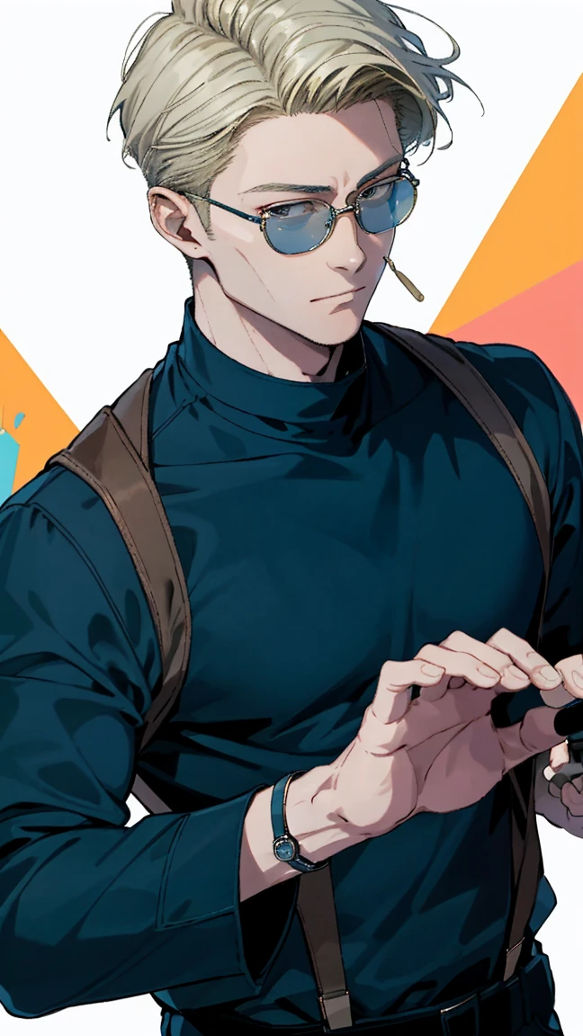 Realist，（masterpiece，Ariba Quality，Highest quality，Official Art，beauty：1.2），He is very knowledgeable，Fractal Art，color，More detailed，Tangled，（Abstract background：1.5）（1：1.3）,Nanami，Light blonde hair，Short detailed hair，（Blue Sunglasses ,Tall and strong,青いシャツと黒い斑点のある黄colorのネクタイ，Avistic，(Posing with glasses)，Handsome