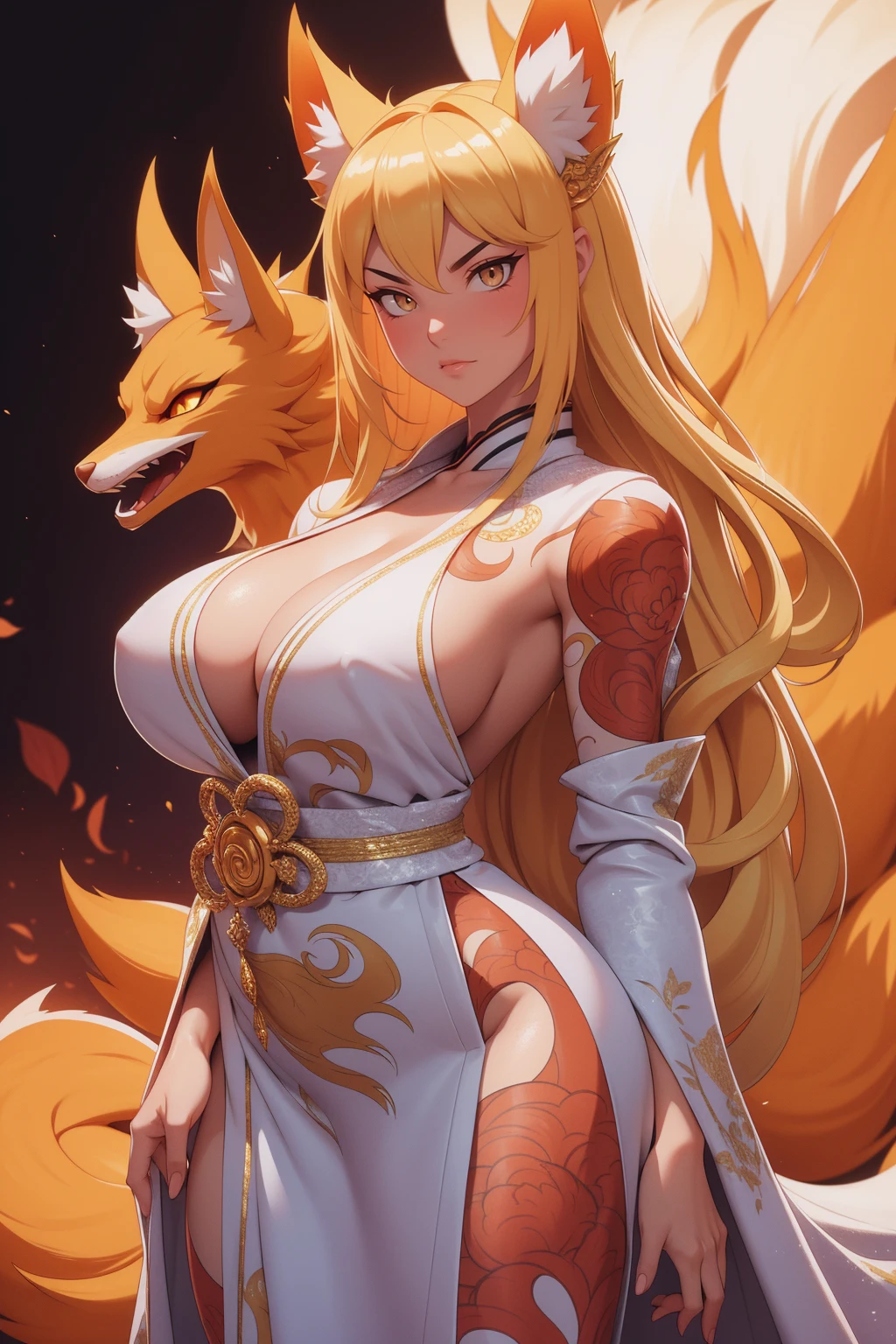 REALISTIC VISION 1.4, BETTER VAE,sharp focus, ultra detail, 32k,realistic photo, intricate details, kitsune, blond hair, (blond hair), gold eyes, intricate details ,woman, nine tails, intricate details,intricate details,big , Voluptuous body, intricate details, Miko, clothes long white dress with red details intricate details, tattoos intricate details, full body,  with a orange nine tails fox , kiuubi (kurama, naruto), angry face,