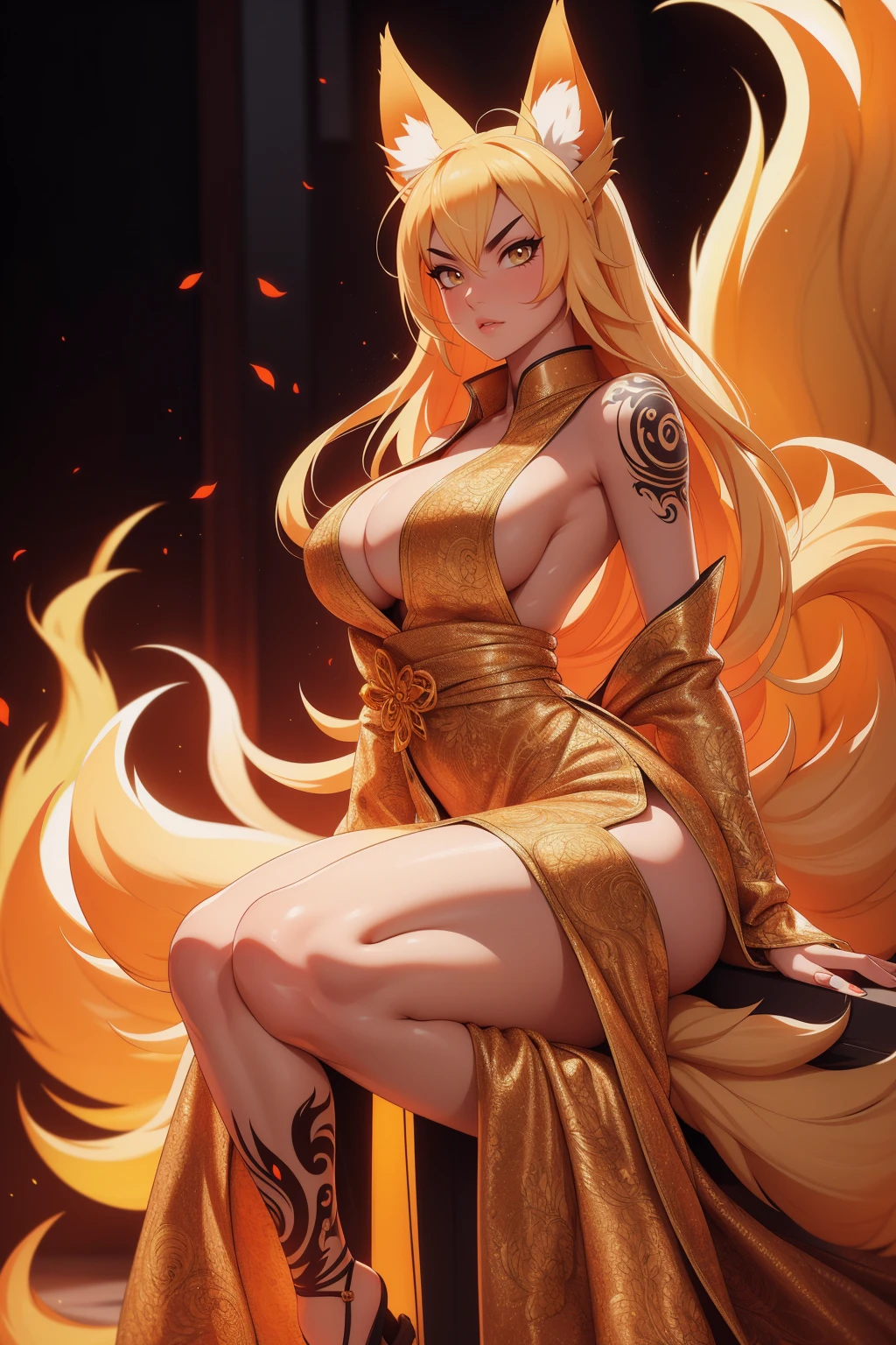 REALISTIC VISION 1.4, BETTER VAE,sharp focus, ultra detail, 32k,realistic photo, intricate details, kitsune, blond hair, (blond hair), gold eyes, intricate details ,woman, nine tails, intricate details,intricate details,big , Voluptuous body, intricate details, Miko, clothes long white dress with red details intricate details, tattoos intricate details, full body,  with a orange nine tails fox , kiuubi (kurama, naruto), angry face,