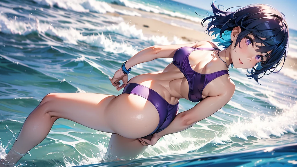 1girl, bangs, blue hair, necklace, parted lips, purple eyes, short hair, smile, solo, two piece purple swimsuit, sandy pier background, walking, back turned 