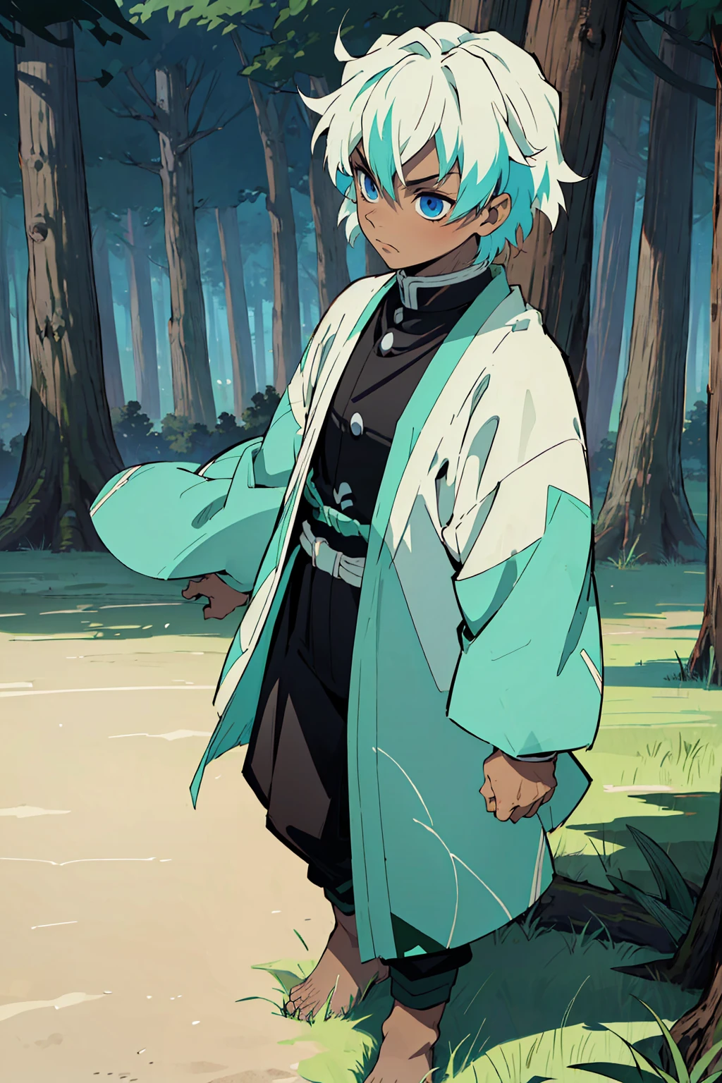((masterpiece,best quality,1boy,male focus,masculine,solo,closed mouth,teenager,muscle,muscular)),(white hair,short messy hair),((pale blue eyes,perfect eyes,glowing eyes,perfect face,serious demeanor)),(((dark skin color,standing still,caramel skin color,multicolored haori, white haori, black haori, demon slayer outfit))), ((forest background,trees, walking on path,grass))
