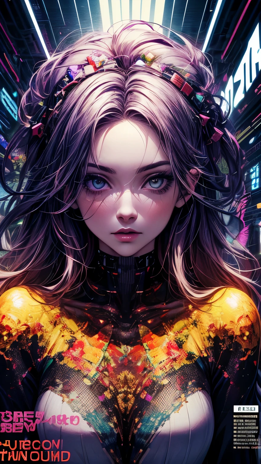 (Magazine Cover:1.3),Urzan-6500, (Realistic: 1.3) (original: 1.2), masterpiece, Highest quality, Beautiful pretty face, whole body, One girl, Glitch Art, (Digital Distortion), Pixelated Fragments, Data Corruption,Colorful Noise, Visual clutter,Modern aesthetics