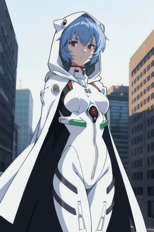 masterpiece, best quality, 1girl, ayanamirei, plugsuit, interface headset, looking at viewer, light smile, city park, upper body, arms_behind_back, hooded white cloak, white and black cape