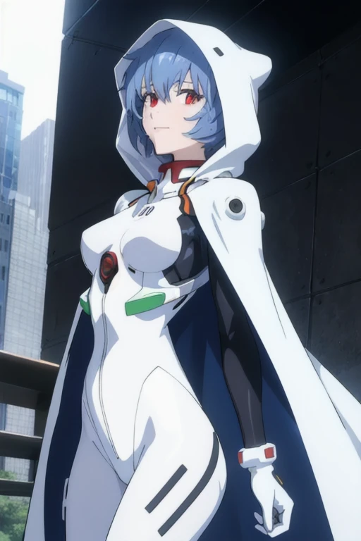 masterpiece, best quality, 1girl, ayanamirei, plugsuit, interface headset, looking at viewer, light smile, city park, upper body, arms_behind_back, hooded white cloak, white and black cape