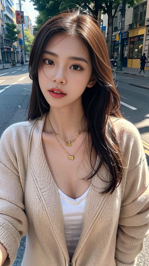 one girl,Beutiful women, zoom in, At the street, wear a sweat,long hair, wear a golden necklace, raise the corners of the mouth,random pose, emotional