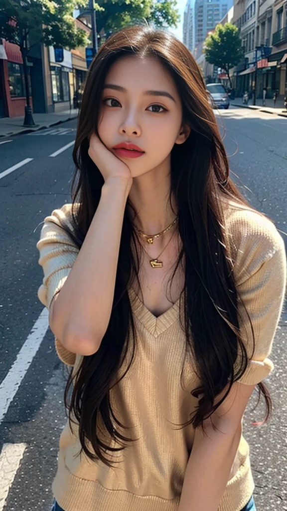 one girl,Beutiful women, zoom in, At the street, wear a sweat,long hair, wear a golden necklace, raise the corners of the mouth,random pose, emotional