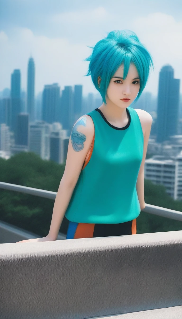 Bulma de Dragon Ball marchant dans un paysage urbain futuriste。L'arrière-plan présente des gratte-ciel et des véhicules futuristes.。Le style artistique est réaliste.、Utilisez une palette de couleurs vives。