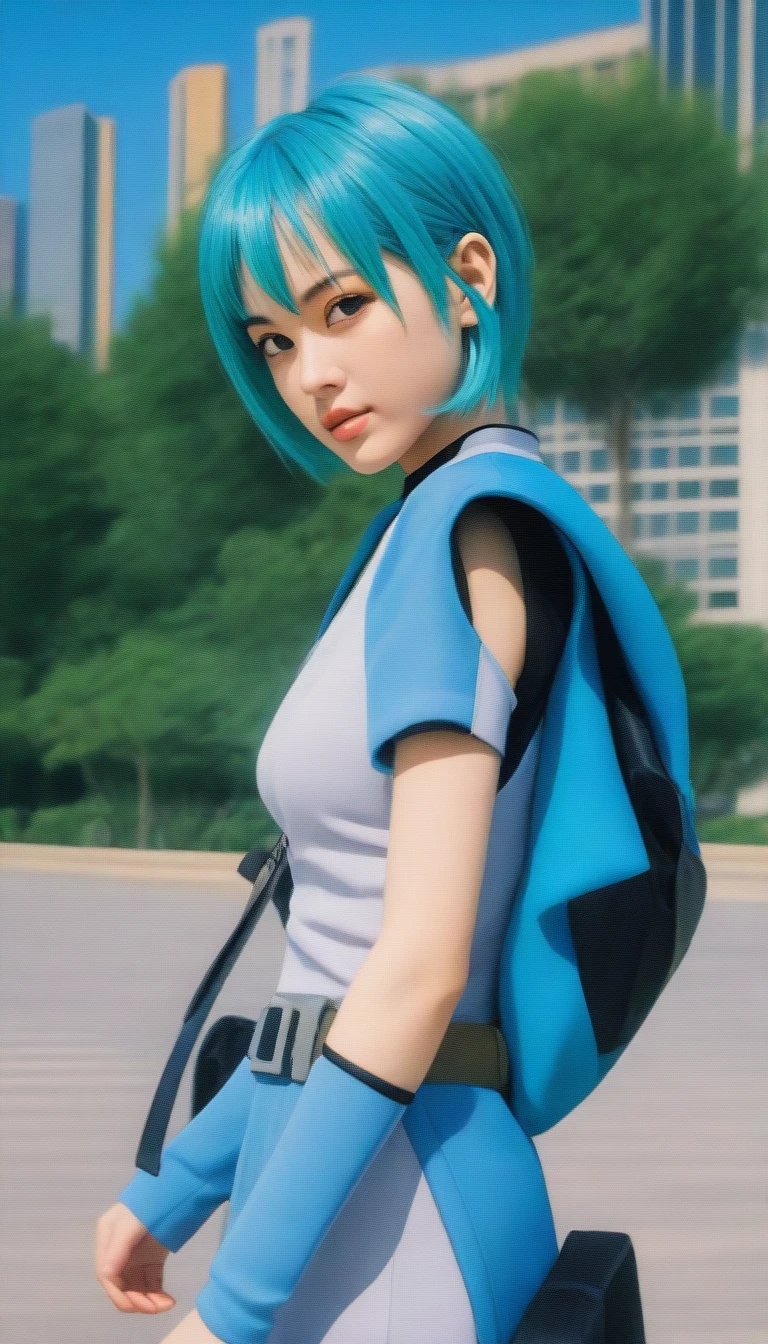 Bulma de Dragon Ball marchant dans un paysage urbain futuriste。L&#39;arrière-plan présente des gratte-ciel et des véhicules futuristes.。Le style artistique est réaliste.、Utilisez une palette de couleurs vives。
