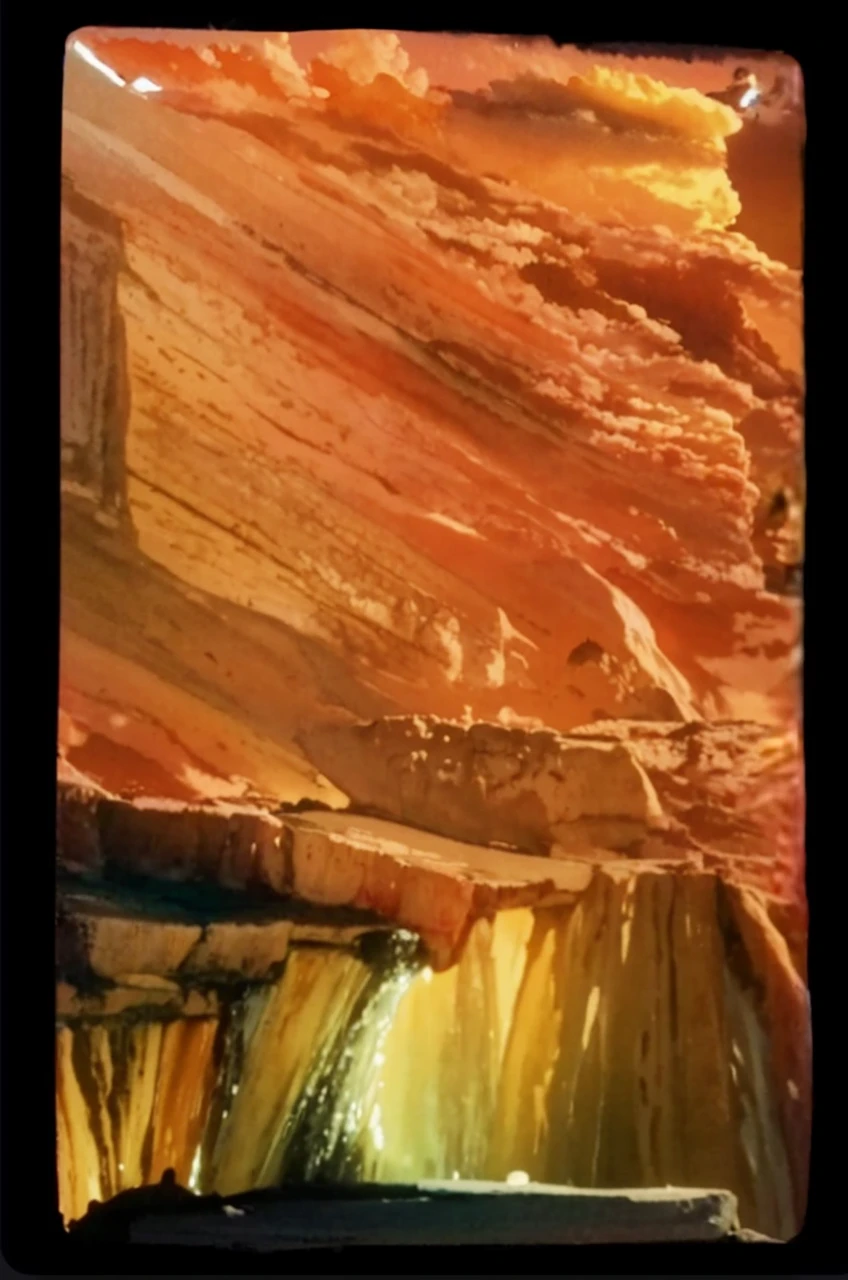 Sunset, sunset, clouds changing，Mountain rocks stand tall，The colors are distinct and blended，Clear changes in light and shadow，Silky smooth and delicate watercolor painting