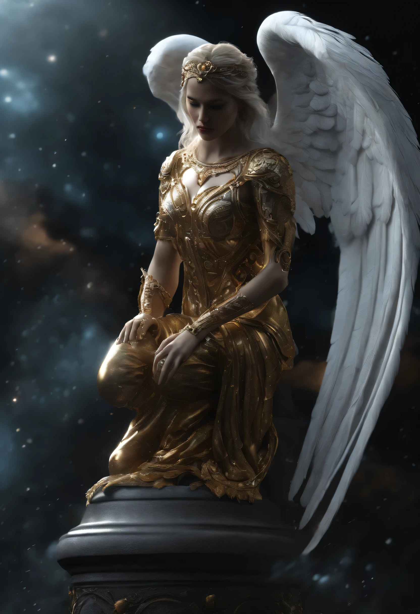 Cosmic Fallen Angel, glowing light eyes, Biomechanical, Very bright colors, Light particles, with light glowing, Mshiff, (best quality, masterpiece, Professional:1.3), (realistic, photorealistic, RAWphoto:1.4), (official art, highly detailed, extremely delicate and beautiful, HDR, UHD, K), rim light