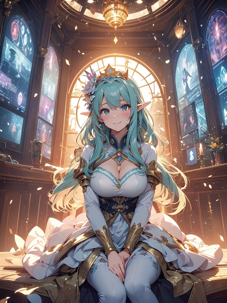 最high quality、1woman elf 、Beautiful foam、、CourtyardShining fairy wings、Flower fractal art　　、see-throughbodystocking,Beautiful side shot, radiance,High-definition depiction, Realistic, 8K, Unity, beautiful Shot, light smile, Beautifully and vividly drawn, , Beautiful, beautiful, clear skin、sexly,beautiful dress,Countless rays of light pouring down, Swirling Light, big background, Raise one arm above your head, Intense light is emitted from the magic circle in front of the girl.   forest、Lots of leaves、green leaves、flower、Particles of light、Bedroom at night、Magic garden、Fairy tale、Big Breasts、sexy、
Romanticism,Cowboy Shot: The most beautiful form of chaos, Mr..々colour, Intertwined flowers, Particle,magical gentle light,smile,sexly,image quality、masterpiece、Beautiful Face、Super beautiful elf woman((Big breasted 22 year old office lady、Bust 100,Beautiful long ironed hair 、bionde hair,height: 165cm。、sexly、ANDsbian、、high quality、、Visual art、Written boundary depth、、ANDlf ANDars、、universe、Happy smile、gentle light、ANDlf forest、elegant、ticker beautiful decorative、、magic、forest、beautiful tiara、Beautiful bed、Beautiful Landscape、A kind smile、wonderful、Fluttering petals、Dance happily、、Cultivate fantasy、、Mystery light　Lots of flowers、、art、forest, palace, art,mystery,Ultra-high resolution,atmosphere A colorful and dreamy anime-style illustration of a young girl with beautiful hair, sitting amidst a vibrant, mechanical landscape. She is wearing a casual outfit with mechanical leg armor, surrounded by a kaleidoscope of colors and glowing lights. The background is filled with whimsical details and a magical atmosphere. --ar 3:4 --style raw --stylize 600 --niji 6、throne
