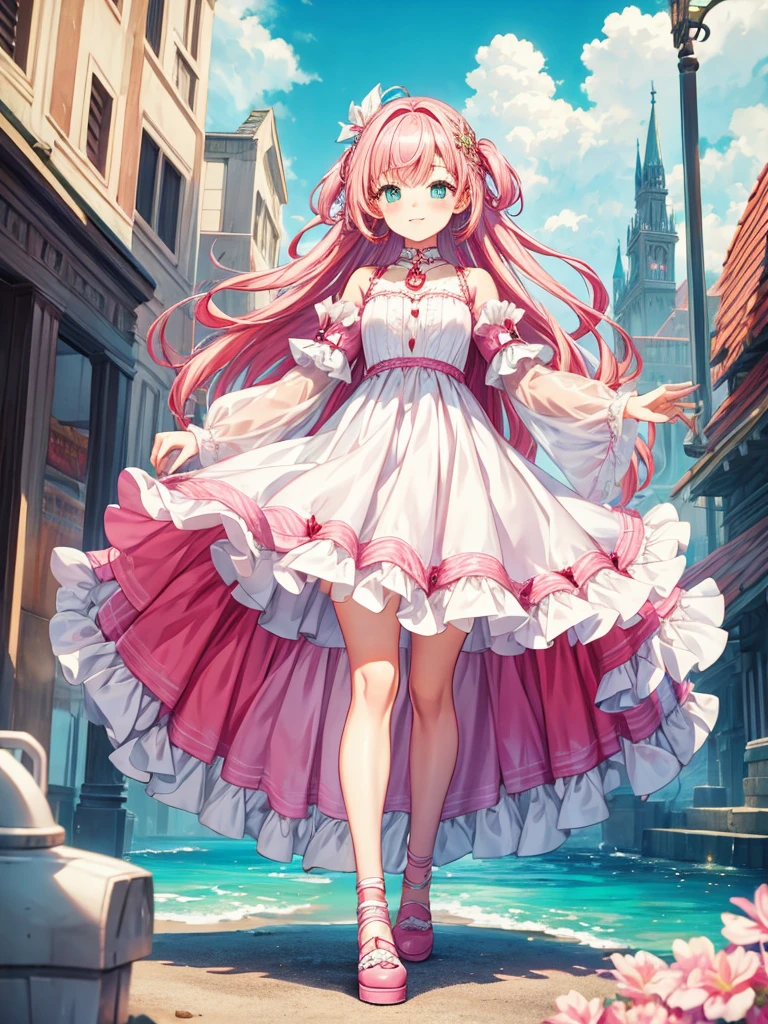 fantasy world girl with colorful hair, accessories, detailed clothes, pink hair, white and red clothes, short dress