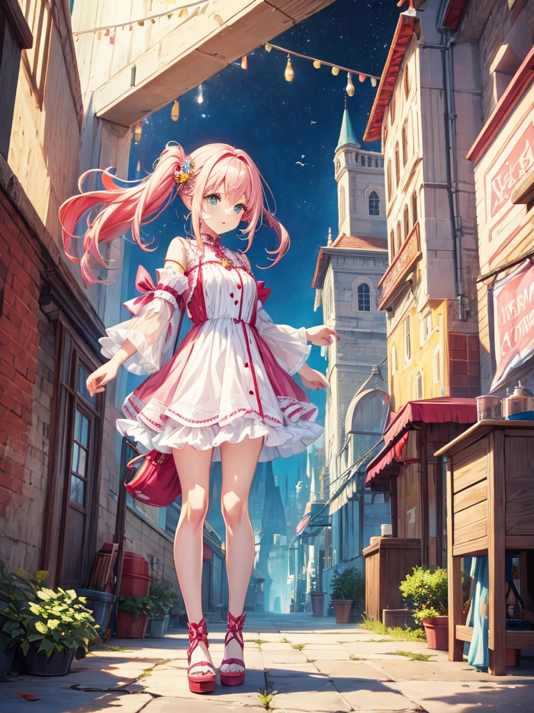 fantasy world girl with colorful hair, accessories, detailed clothes, pink hair, white and red clothes, short dress