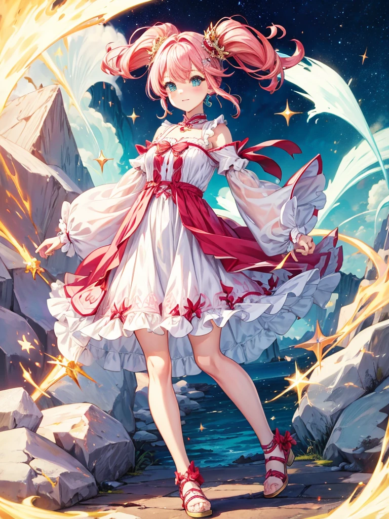 fantasy world girl with colorful hair, accessories, detailed clothes, pink hair, white and red clothes, short dress