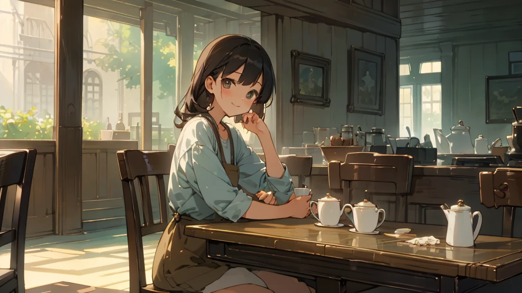 Stylish cafe、Anime Style、Freshly Brewed Coffee、Delicious looking baked goods、Relaxed atmosphere、Cozy atmosphere、Beautiful girl with dark hair sitting and drinking coffee、Wearing summer clothes、smile、Warm Light、avert your eyes、Ghibli style